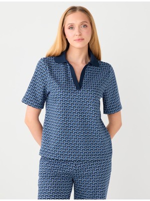 Jimmy Key Lacivert Polo Yaka Kısa Kollu Geometrik Desenli Örme Bluz