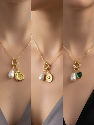 NKT Collection Zümrüt Yeşili Kalp Kabartma Kalp Deniz Kabuğu İncili Kolye