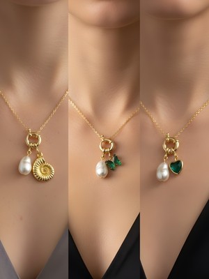 NKT Collection Zümrüt Yeşili Kalp Zümrüt Yeşili Kelebek Deniz Kabuğu İncili Kolye