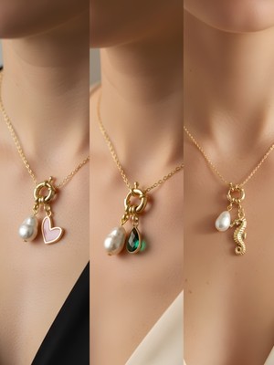 NKT Collection Deniz Atı Zümrüt Yeşili Damla Pembe Kalp İncili Kolye