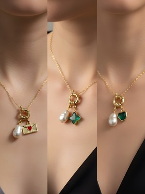 NKT Collection Zümrüt Yeşili Kalp Zümrüt Yeşili Yıldız Kalpli Zarf İncili Kolye