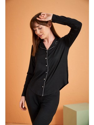 Hazego Pjs 28049 Kadın Uzun Kol Önü Düğmeli Pijama Takım