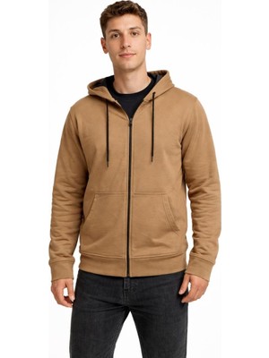 Axxel Erkek Vizon 2 Iplik Fermuarlı Kapüşonlu SWEATSHIRT-W1084