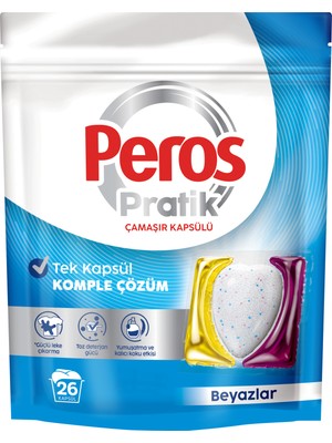 Peros Pratik Beyazlar 26'lı Çamaşır Kapsülü Kalıcı Koku ve Güçlü Leke Çıkarma Özelliği ile