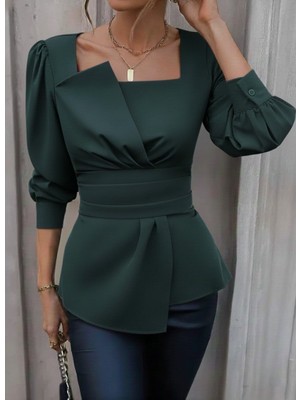 Livizmir Moda Kadın Uzun Kollu Geometrik Yakalı Belden Oturmalı Ithal Krep Bluz