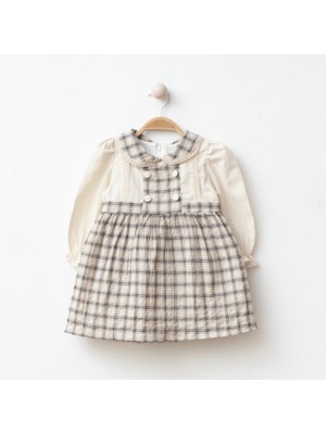 Düğme Detaylı Kareli Kız Bebe Elbise