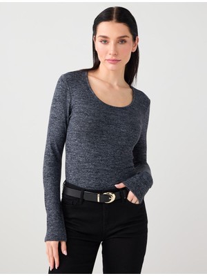 Jimmy Key Lacivert Melanj Dar Kesim U Yaka Yumuşak Dokulu Örme Bluz