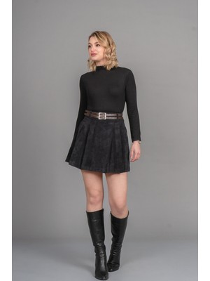 MissVina Fitilli Kadife Kemerli Mini Etek 6840