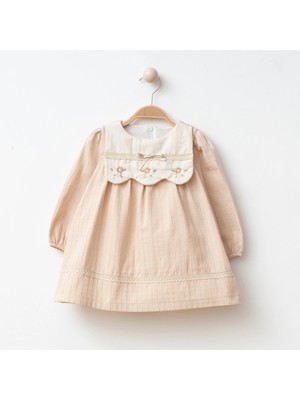 Nazlı Fisto Dantel Işlemeli Bebek Yaka Uzun Kollu Kız Bebek Elbisesi