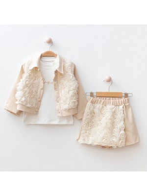 My Lusa Baby Bingül Kız Çocuk 3’lü Gül Detaylı Takım – Ceket, Penye ve Şort | 2-5 Yaş