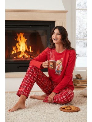 Lela Pamuklu Regular Fit Baskılı Bisiklet Yaka Pijama Takımı Bayan Pijama Takımı 65723313