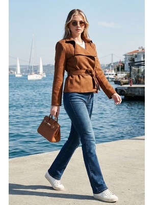 Lela Regular Fit Kruvaze Yaka Kuşaklı Süet Dokulu Ceket Bayan Ceket 6839640