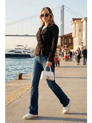 Lela Regular Fit Kruvaze Yaka Kuşaklı Süet Dokulu Ceket Bayan Ceket 6839640