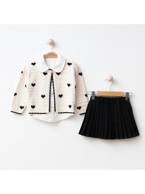 Gökçe Kalp Desenli - Triko Hırka - Gömlek Pileli Etek 3'lü Kız Çocuk Takımı