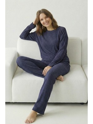 Farya Home Pamuklu Kalın Kışlık Interlok Şeritli Uzun Kollu Örme Pijama Takımı
