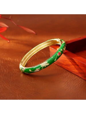 Sevas Gold Altın Renk Kadın Koyu Yeşil Mineli Çiçek Desenli Bilezik