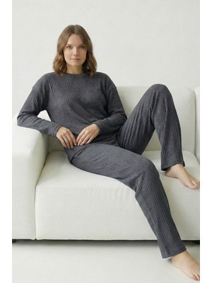 Farya Home Pamuklu Kalın Kışlık Interlok Şeritli Uzun Kollu Örme Pijama Takımı