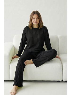 Farya Home Pamuklu Kalın Kışlık Interlok Şeritli Uzun Kollu Örme Pijama Takımı