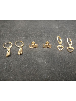 Sevas Gold Altın Renk Aşk ve Sevgi Temalı 3 Çift Küpe