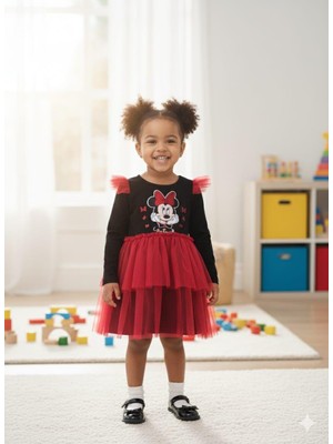 Siyah Tüllü Uzun Kollu Penye  Kız Çocuk Elbisesi