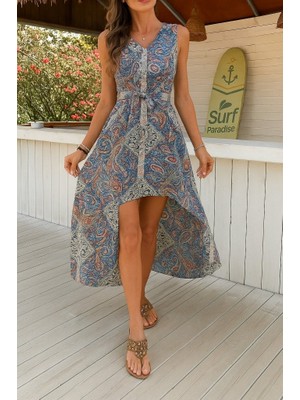 Wmpulse Kadın Kolsuz V Yakalı Desenli Süprem Tulum Elbise