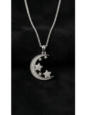 Erdobia Zirkon Taşlı Rodyum Ay Yıldız Gökyüzü Gümüş Kolye