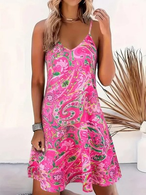 Wmpulse Kadın Ip Askılı V Yakalı Desenli Kısa Süprem Mini Elbise