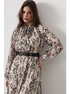 Wmpulse Yılan Desen Uzun Yaka Detaylı Elbise - Krem-Siyah