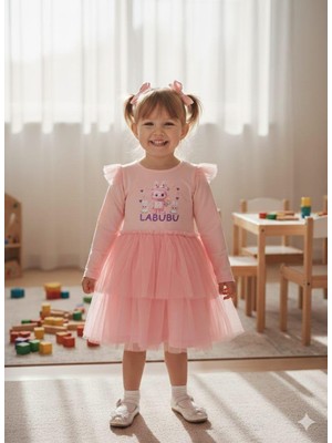 Pembe Labubu Tüllü Uzun Kollu Penye  Kız Çocuk Elbisesi