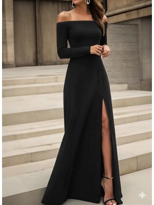 Wmpulse Kadın Uzun Kollu Madonna Yakalı Yırtmaç Detaylı Uzun Ithal Krep Elbise