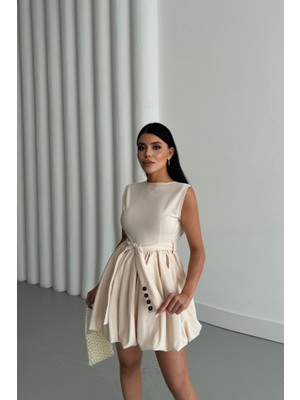 Wmpulse Balon Etekli Tasarım Kısa Elbise - Bej