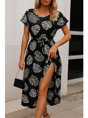 Wmpulse Kadın Kısa Kollu Bisiklet Yaka Desenli Kuşaklı Örme Krep Midi Elbise