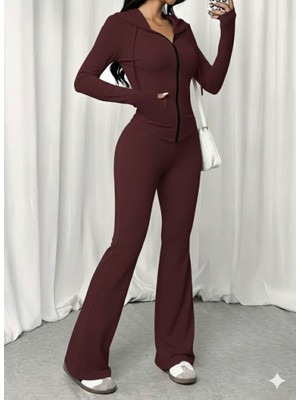 Wmpulse Kadın Uzun Kollu Kapşonlu Bağcıklı Önü Fermuarlı Viskon Iki Iplik Bluz ve Pantolon Ikili Takım