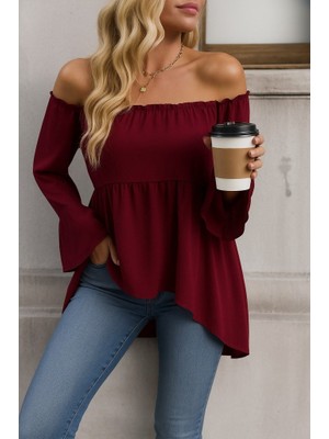 Wmpulse Kadın Uzun Kollu Madonna Yaka Asimetrik Detaylı Kolları Ispanyol Viskon Bluz