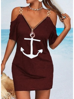 Wmpulse Fermuar Detay Çıpa Baskılı Zincir Askılı Iki Iplik Elbise - Bordo