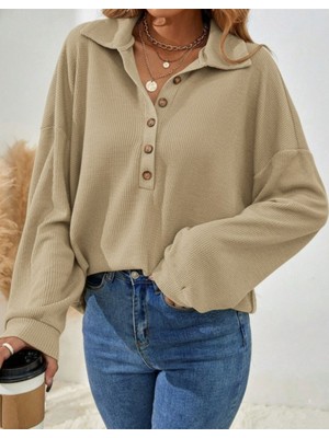 Wmpulse Kadın Uzun Kollu Yakalı Düğmeli Salaş Waffle Bluz