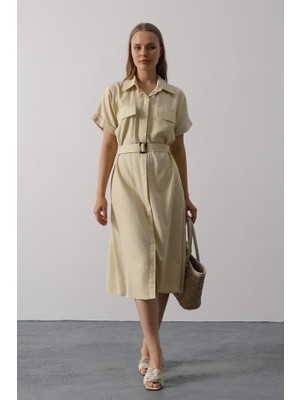 Wmpulse Kuşaklı Cep Detaylı Yarım Kol Elbise - Ekru