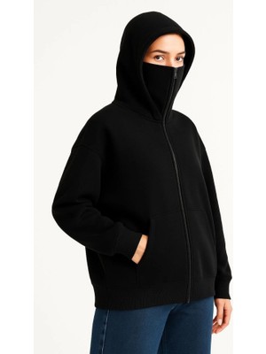 Wmpulse Samuray Ninja Çift Kapşonlu Zıp Fermuarlı Kanguru Çepli Hoodie Maske Detaylı Swetshirt - Siyah