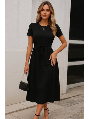 Wmpulse Kadın Kısa Kollu Bisiklet Yaka Belden Bağlamalı Önü Bağcık Detaylı Maksi Boy Viskon Elbise