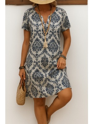 Wmpulse Kadın Kısa Kollu Çentik Yaka Çiçek Desenli Keten Elbise
