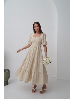 Wmpulse Bej Süs Düğmeli Balon Kollu Elbise