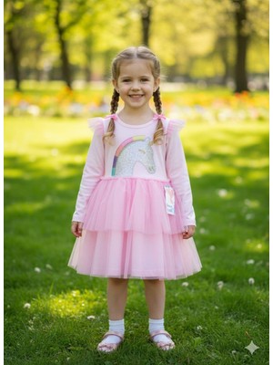 Pembe Unicorn Tüllü Uzun Kollu Penye  Kız Çocuk Elbisesi