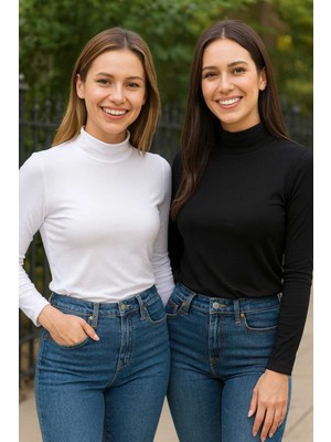 Tenra Kadın Uzun Kollu Boğozlı Badi Likralı Penye 2 Adet Siyah - Beyaz