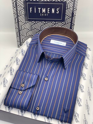 Fitmens Klasik Uzun Kol Premium Çizgili Hediye Kutulu Erkek Gömlek FS-003272 - Lacivert Kahve