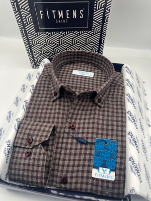 Fitmens Klasik Uzun Kol Kışlık %100 Cotton Kareli Yaka Düğmeli Hediye Kutulu Erkek Gömlek FS-003127 - Bordo