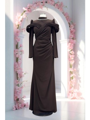 Amine Hüma Dila Abiye Elbise Kahverengi