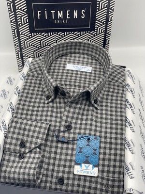 Fitmens Klasik Uzun Kol Kışlık %100 Cotton Kareli Yaka Düğmeli Hediye Kutulu Erkek Gömlek FS-003127 - Gri