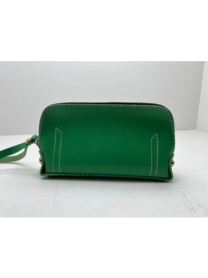 Megass Dekor Deri Kumaş Yeşil Renk 17X10 cm Takı-Makyaj Fermuarlı Çantası