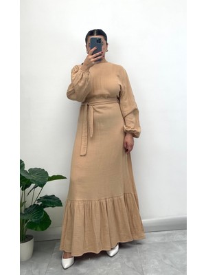 Nisum Moda Müslin Kumaş Kuşaklı Uzun Elbise