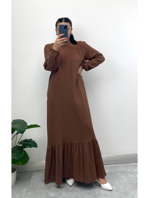 Nisum Moda Müslin Kumaş Kuşaklı Uzun Elbise